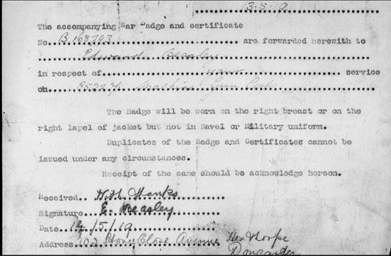 Silver War Badge Certificate Edward Beasley